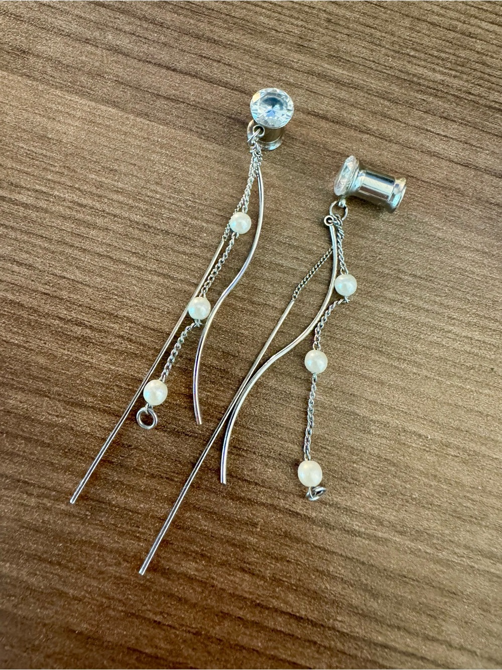 2 Gauge Silver-Toned Faux Pearl Drop Dangle Earrings Tunnels